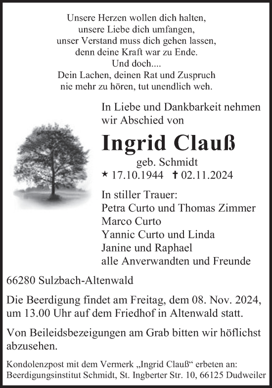 Traueranzeige von Ingrid Clauß von saarbruecker_zeitung