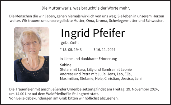 Traueranzeige von Ingrid Pfeifer von saarbruecker_zeitung