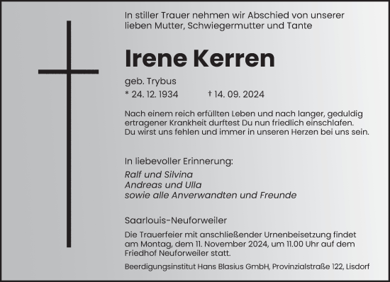 Traueranzeige von Irene Kerren von saarbruecker_zeitung