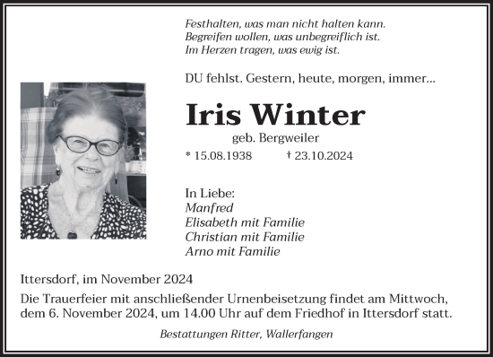 Traueranzeige von Iris Winter von saarbruecker_zeitung