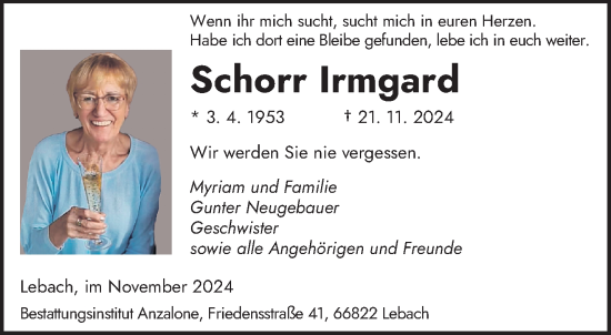 Traueranzeige von Irmgard Schorr von saarbruecker_zeitung