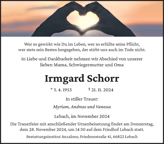 Traueranzeige von Irmgard Schorr von saarbruecker_zeitung