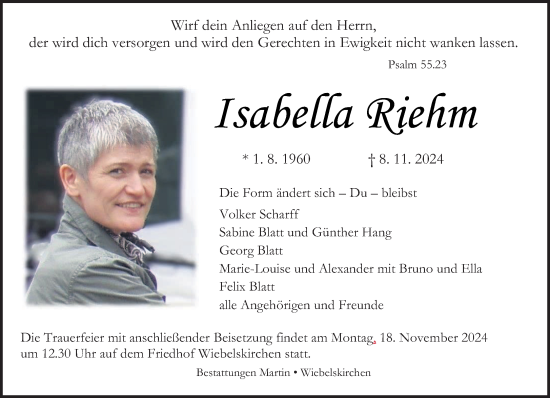 Traueranzeige von Isabella Riehm von saarbruecker_zeitung