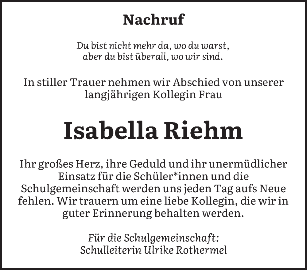  Traueranzeige für Isabella Riehm vom 16.11.2024 aus saarbruecker_zeitung