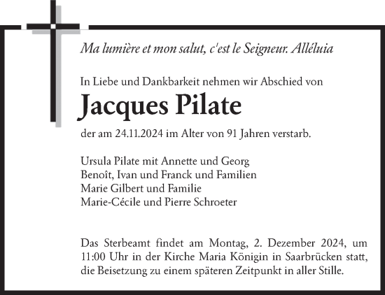 Traueranzeige von Jacques Pilate von saarbruecker_zeitung