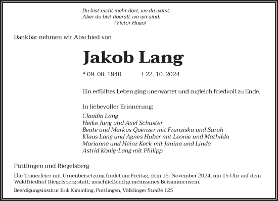 Traueranzeige von Jakob Lang von saarbruecker_zeitung