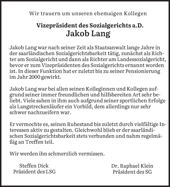 Traueranzeige von Jakob Lang von saarbruecker_zeitung