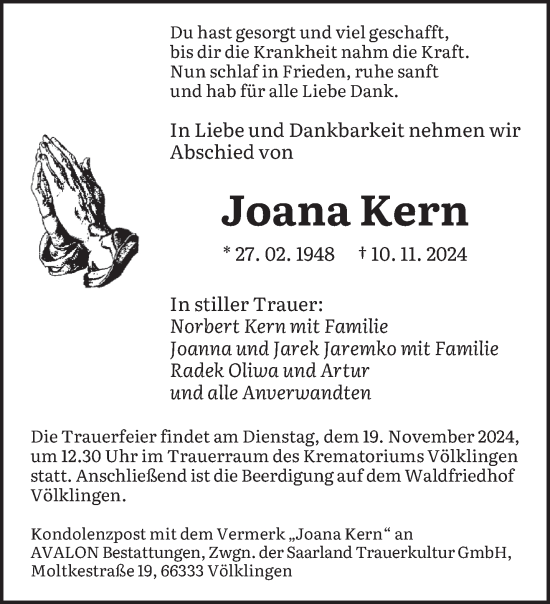 Traueranzeige von Joana Kern von saarbruecker_zeitung