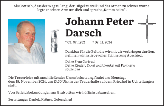 Traueranzeige von Johann Peter Darsch von saarbruecker_zeitung