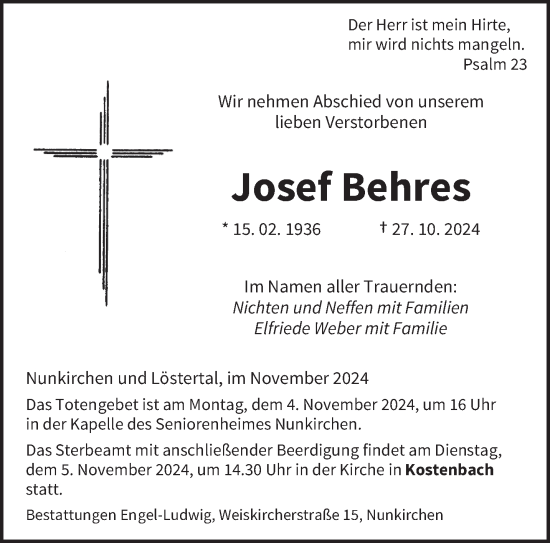 Traueranzeige von Josef Behres von saarbruecker_zeitung