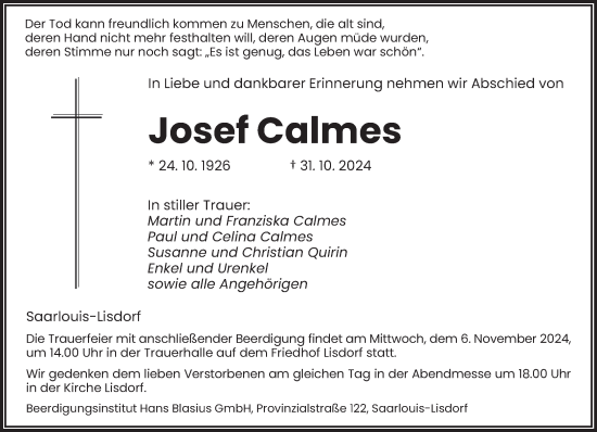 Traueranzeige von Josef Calmes von saarbruecker_zeitung