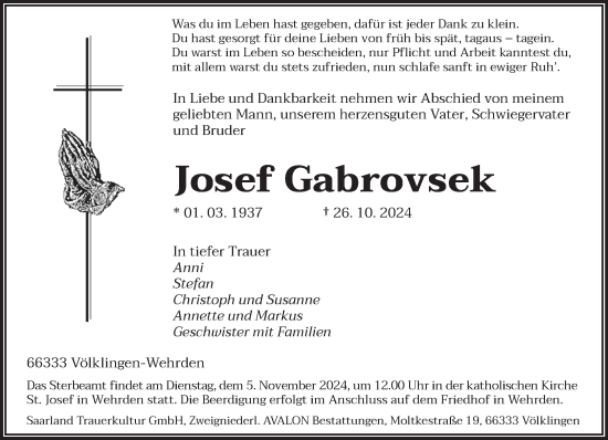 Traueranzeige von Josef Gabrovsek von saarbruecker_zeitung