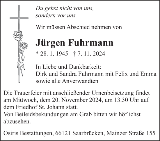 Traueranzeige von Jürgen Fuhrmann von saarbruecker_zeitung