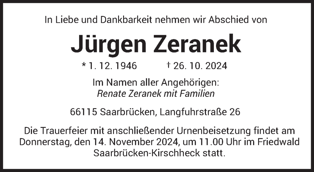  Traueranzeige für Jürgen Zeranek vom 09.11.2024 aus saarbruecker_zeitung