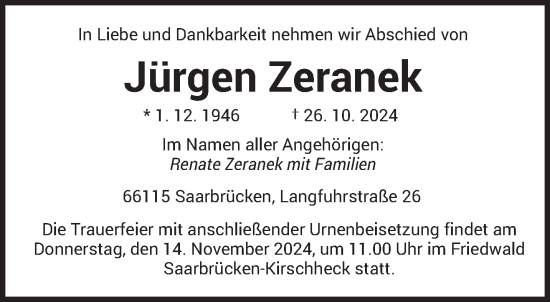 Traueranzeige von Jürgen Zeranek von saarbruecker_zeitung