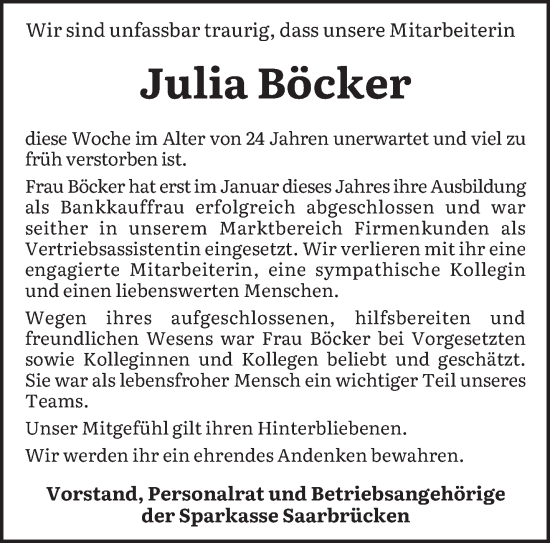 Traueranzeige von Julia Böcker von saarbruecker_zeitung