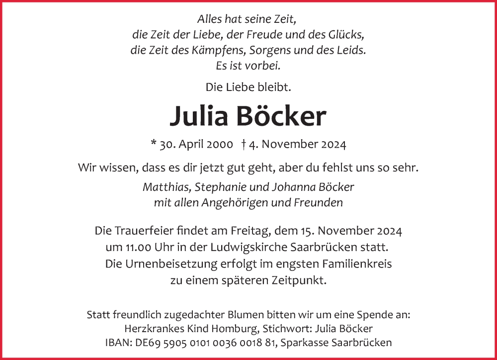  Traueranzeige für Julia Böcker vom 09.11.2024 aus saarbruecker_zeitung