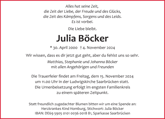 Traueranzeige von Julia Böcker von saarbruecker_zeitung