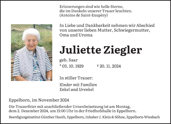 Traueranzeige von Juliette Ziegler von saarbruecker_zeitung