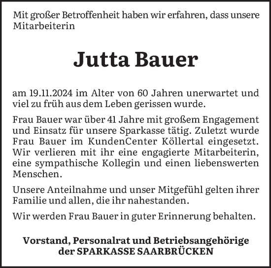 Traueranzeige von Jutta Bauer von saarbruecker_zeitung