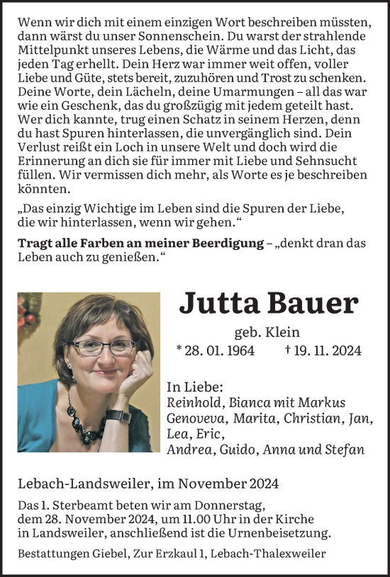 Traueranzeige von Jutta Bauer von saarbruecker_zeitung