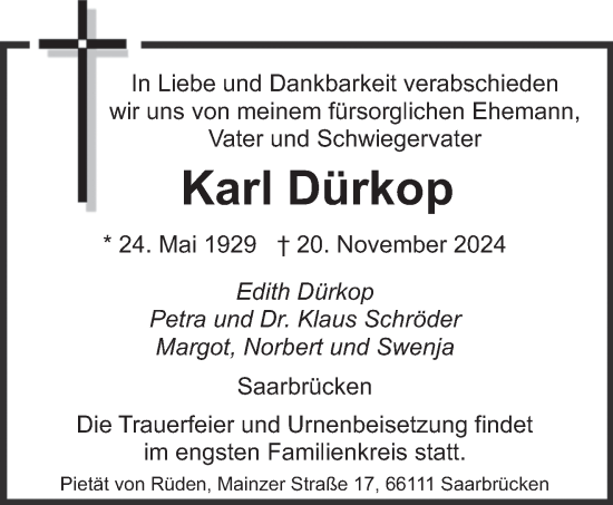 Traueranzeige von Karl Dürkop von saarbruecker_zeitung