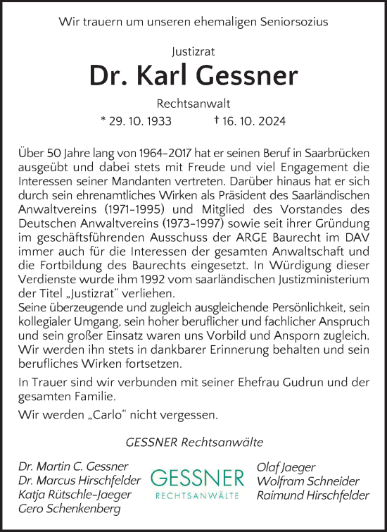 Traueranzeige von Karl Gessner von saarbruecker_zeitung