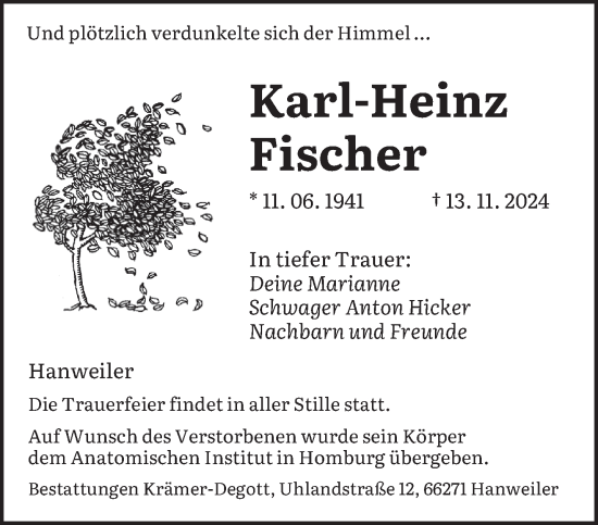 Traueranzeige von Karl-Heinz Fischer von saarbruecker_zeitung