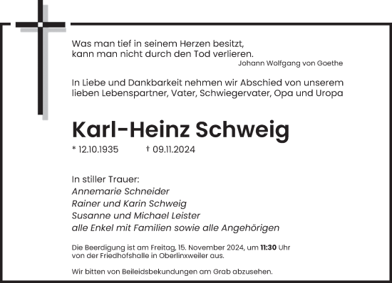 Traueranzeige von Karl-Heinz Schweig von saarbruecker_zeitung