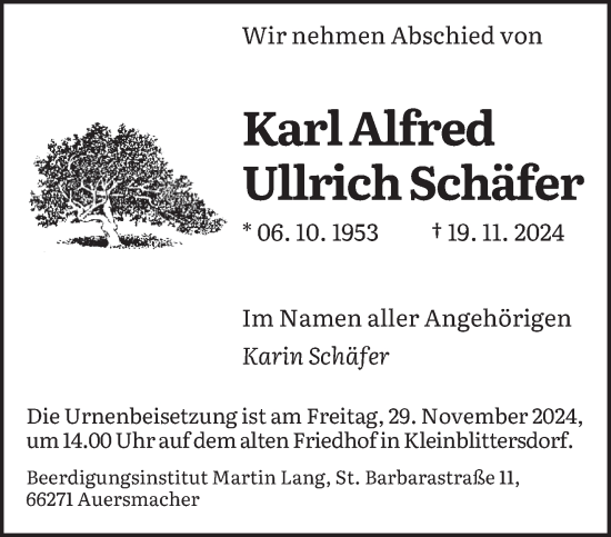 Traueranzeige von Karl Alfred Ullrich Schäfer von saarbruecker_zeitung