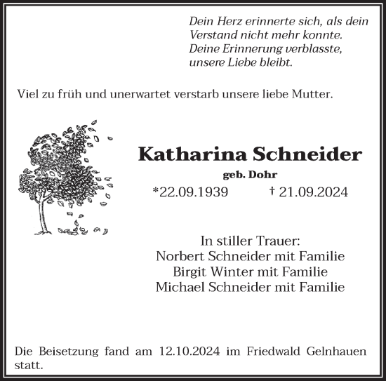 Traueranzeige von Katharina Schneider von saarbruecker_zeitung