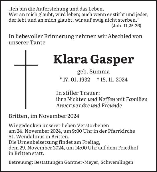 Traueranzeige von Klara Gasper von saarbruecker_zeitung