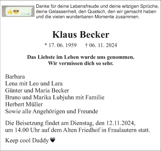 Traueranzeige von Klaus Becker von saarbruecker_zeitung