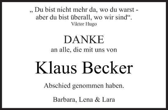 Traueranzeige von Klaus Becker von saarbruecker_zeitung