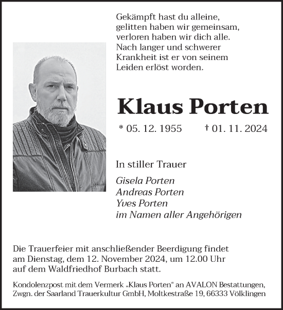 Traueranzeige von Klaus Porten von saarbruecker_zeitung