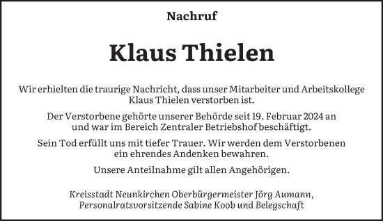 Traueranzeige von Klaus Thielen von saarbruecker_zeitung