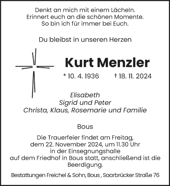 Traueranzeige von Kurt Menzler von saarbruecker_zeitung