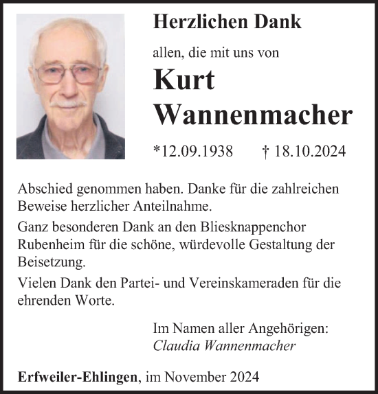 Traueranzeige von Kurt Wannenmacher von saarbruecker_zeitung