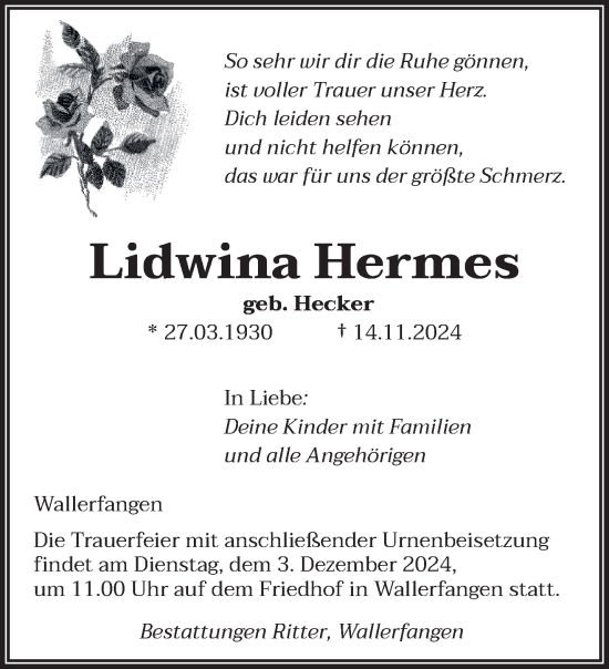 Traueranzeige von Lidwina Hermes von saarbruecker_zeitung