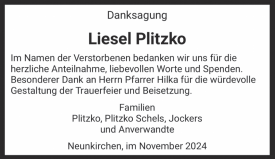 Traueranzeige von Liesel Plitzko von saarbruecker_zeitung