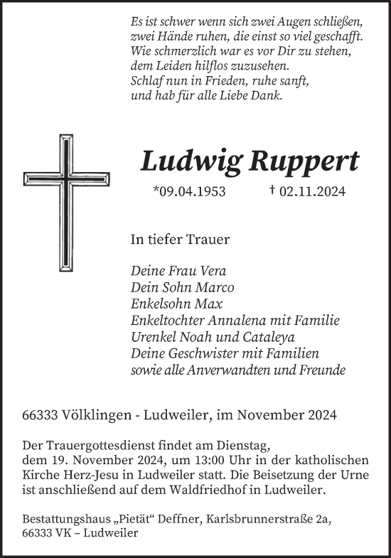 Traueranzeige von Ludwig Ruppert von saarbruecker_zeitung