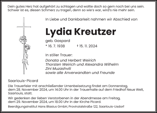 Traueranzeige von Lydia Kreutzer von saarbruecker_zeitung