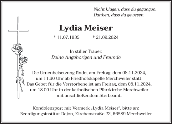 Traueranzeige von Lydia Meiser von saarbruecker_zeitung