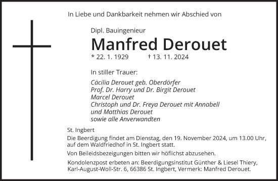 Traueranzeige von Manfred Derouet von saarbruecker_zeitung