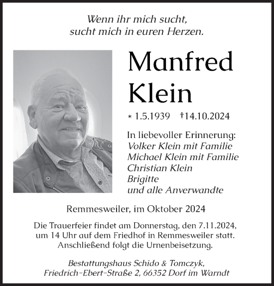 Traueranzeige von Manfred Klein von saarbruecker_zeitung