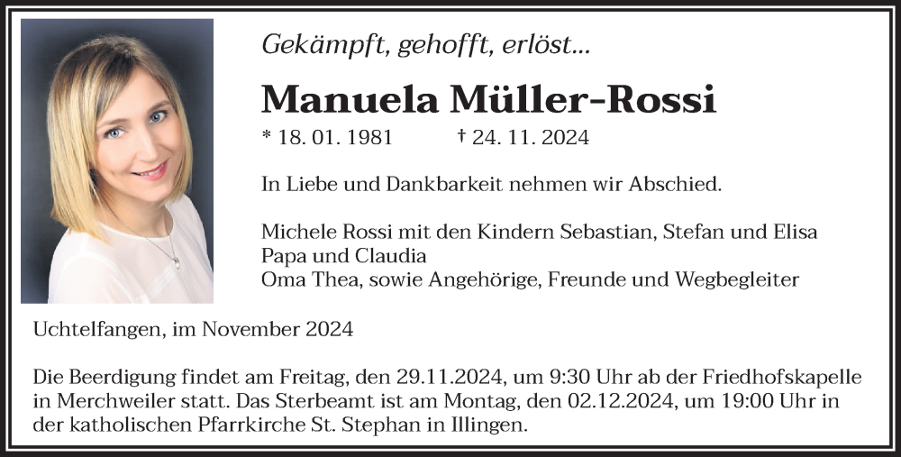  Traueranzeige für Manuela Müller-Rossi vom 27.11.2024 aus saarbruecker_zeitung