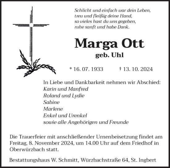 Traueranzeige von Marga Ott von saarbruecker_zeitung