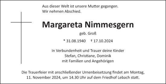 Traueranzeige von Margareta Nimmesgern von saarbruecker_zeitung