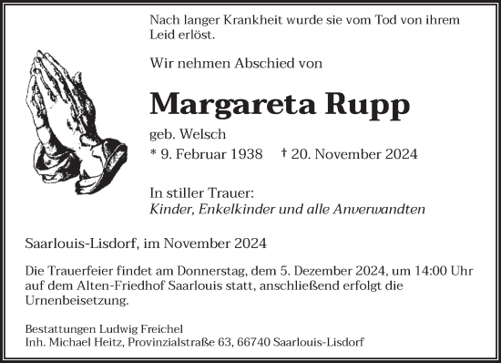 Traueranzeige von Margareta Rupp von saarbruecker_zeitung