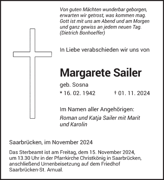 Traueranzeige von Margarete Saller von saarbruecker_zeitung